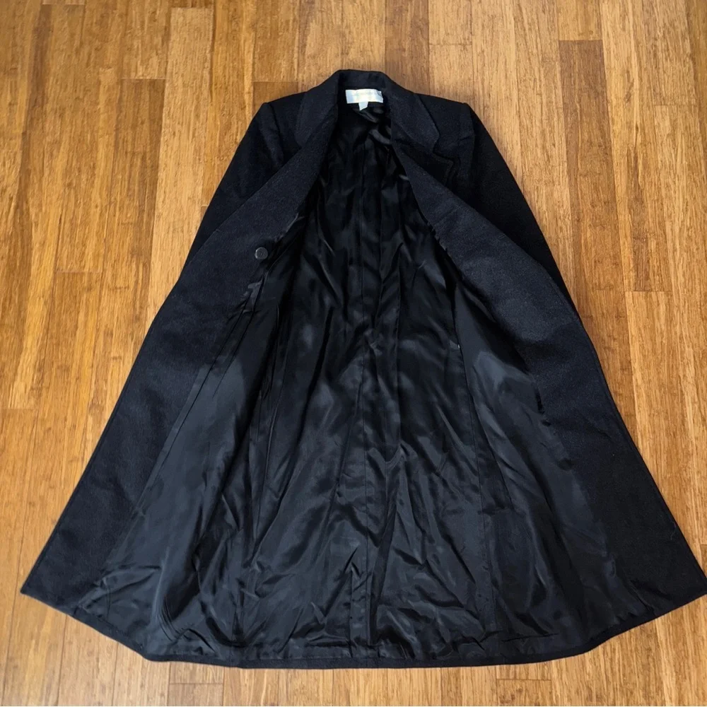 Women's Vintage Liz Claiborne Black 100% Wool Double-Breasted Long Overcoat - Picture 2 of 13
